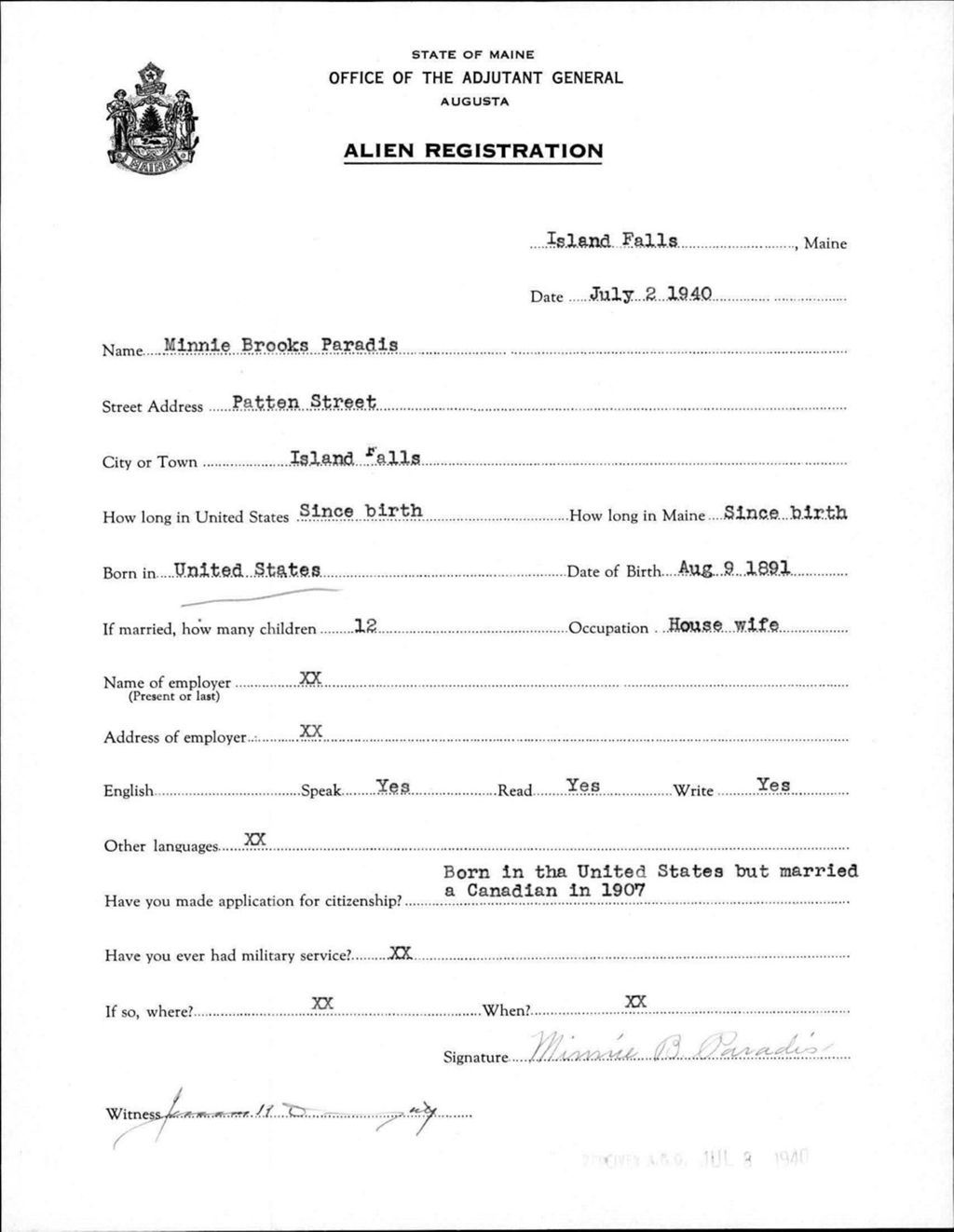 Miniature of Alien Registration- Brooks, Minnie (Island Falls, Aroostook County)