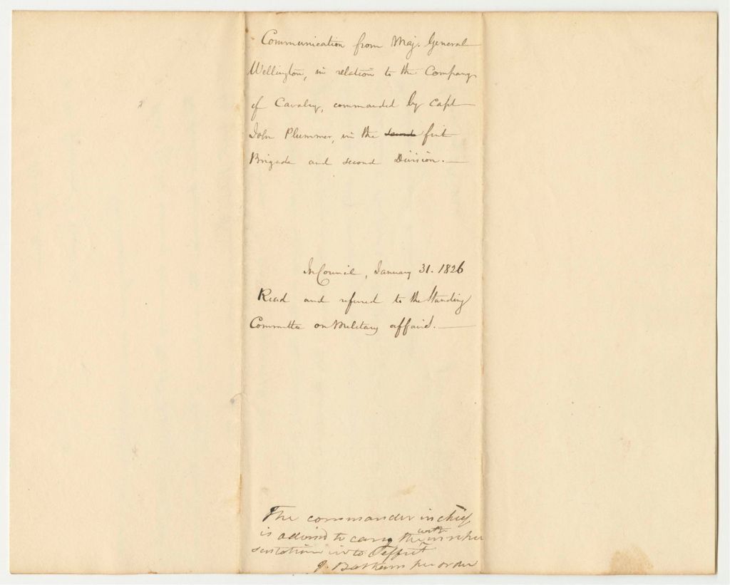 Miniature of Communication from Major General Wellington, in Relation to the Company of Cavalry Commanded by Capt. John Plummer, in the First Brigade and Second Division