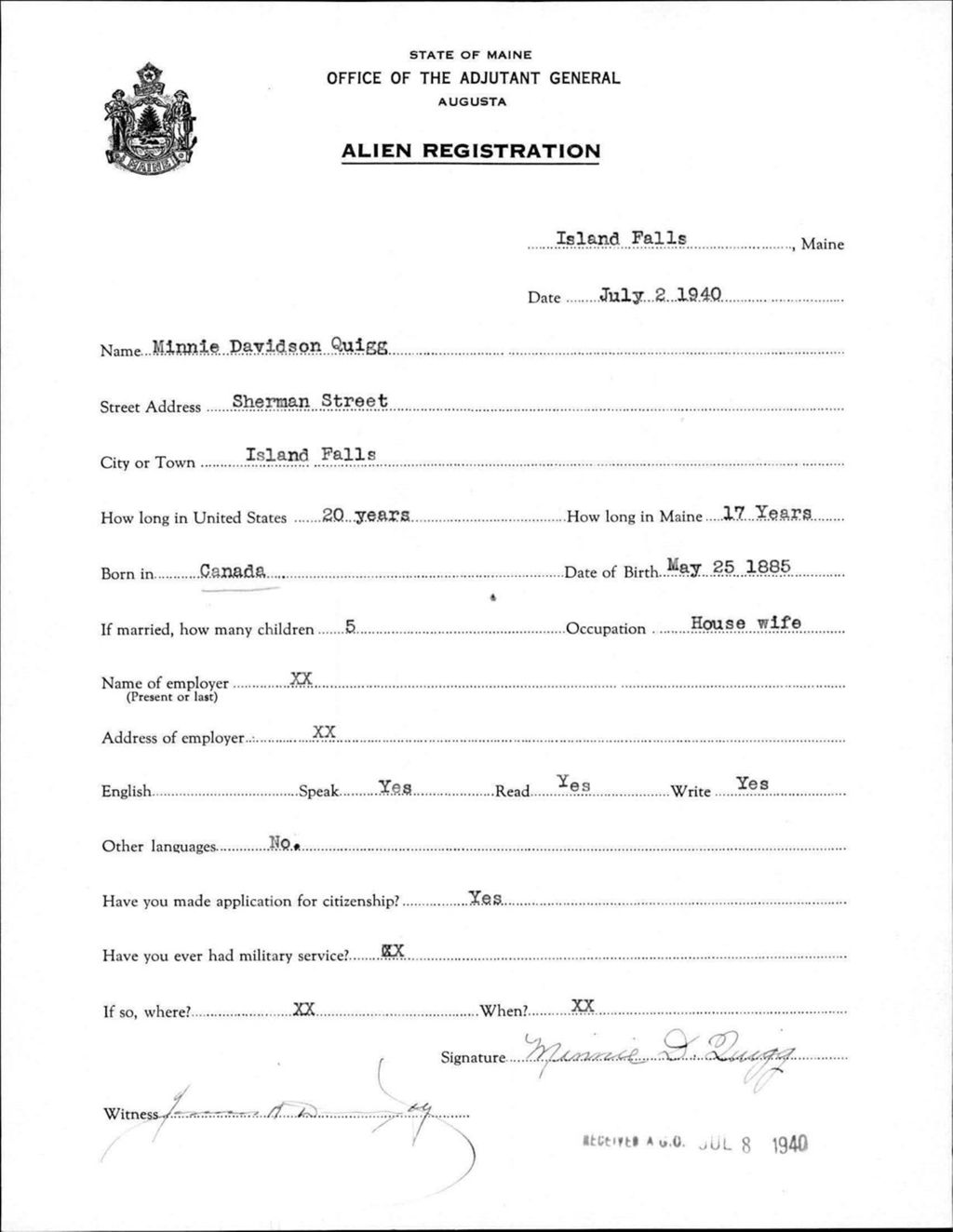 Miniature of Alien Registration- Davidson, Minnie (Island Falls, Aroostook County)