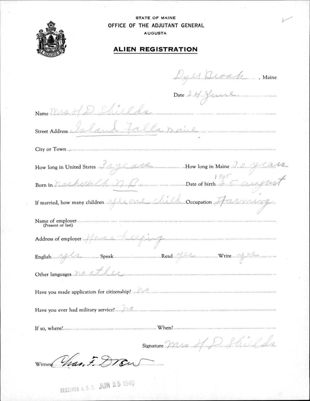 Miniature of Alien Registration- Shields, H D. (Island Falls, Aroostook County)
