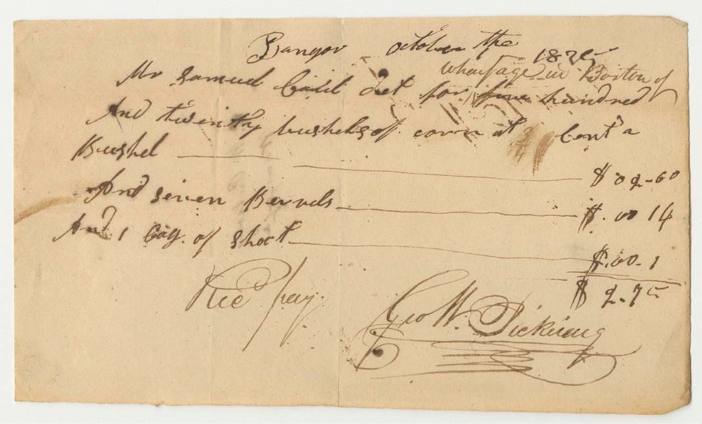 Miniature of G.W. Pickering Bill for Wharfage in Boston