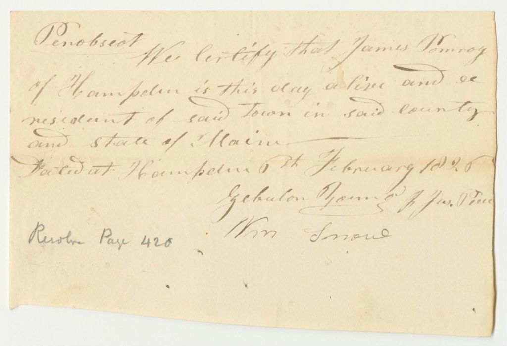 Miniature of Zebulon Young and William Simone Certification for the Pension of James Pomeroy