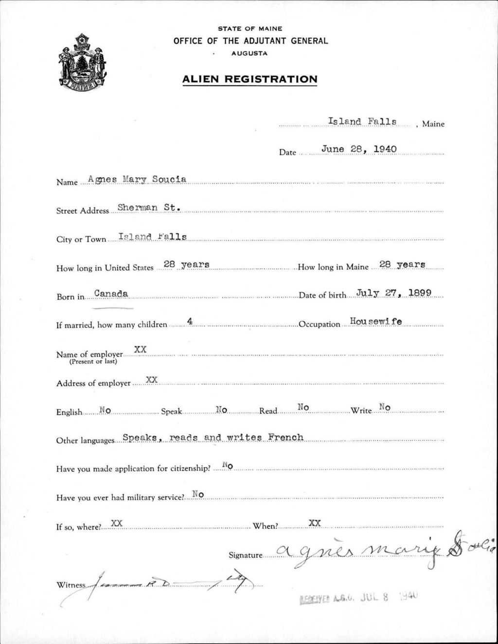 Miniature of Alien Registration- Soucia, Agnes M. (Island Falls, Aroostook County)
