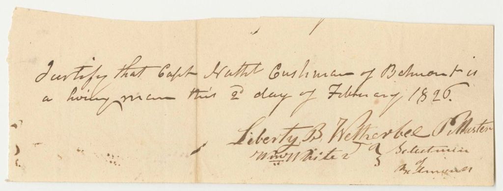 Miniature of Selectmen of Belmont Certification for the Pension of Nathaniel Cushman
