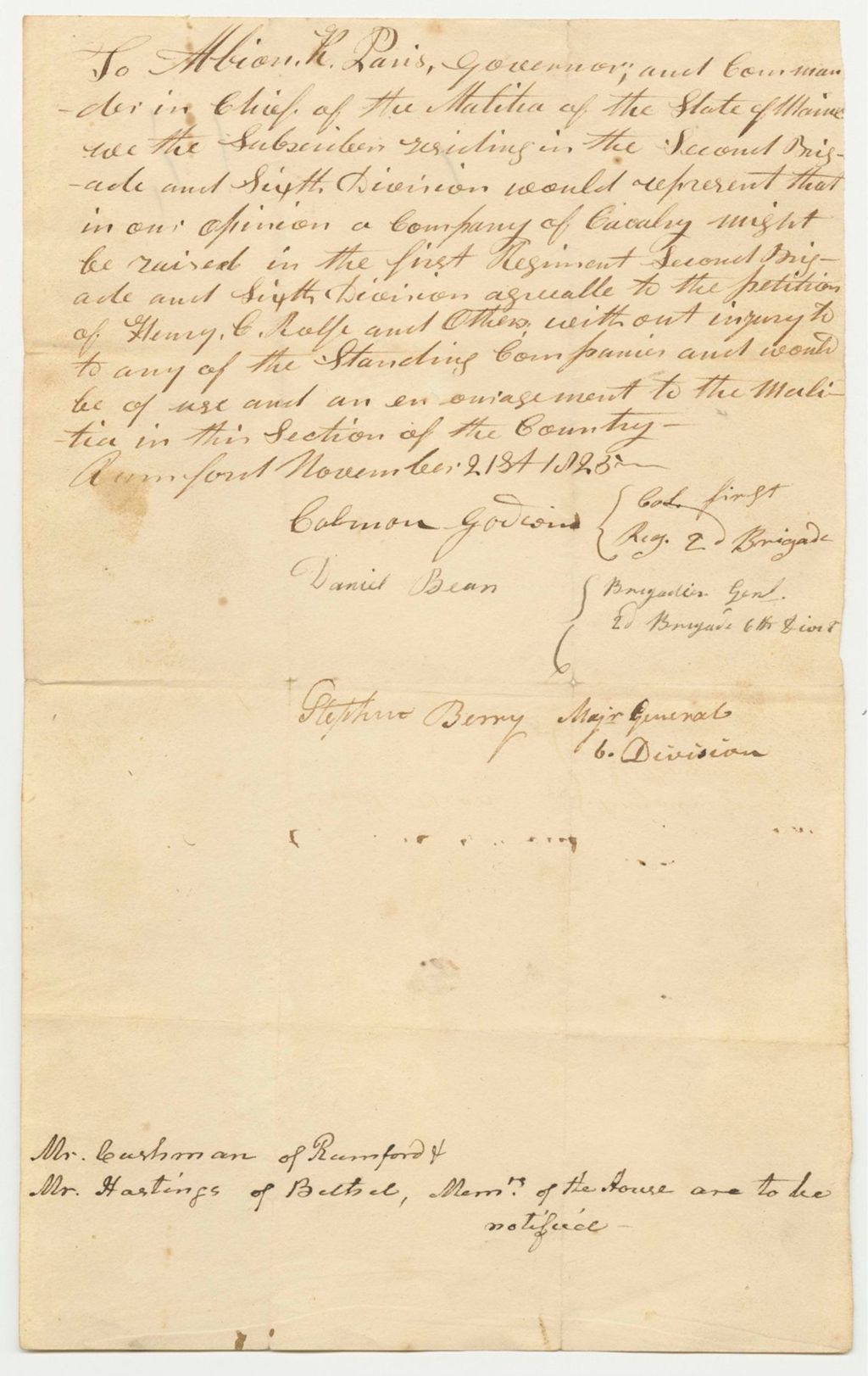 Miniature of Officers of the Second Brigade Sixth Division Approval of the Petition to Raise a Company of Cavalry in the First Regiment
