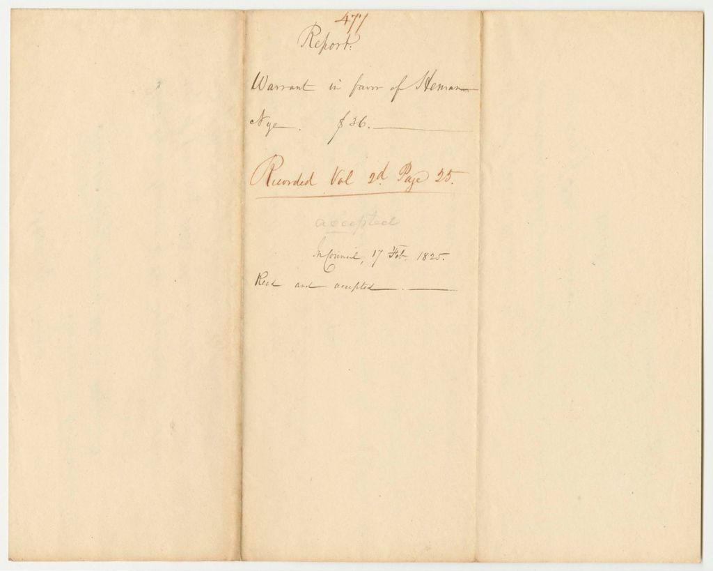 Miniature of Report 477: Report on the Warrant in Favor of Heman Nye for a Pension