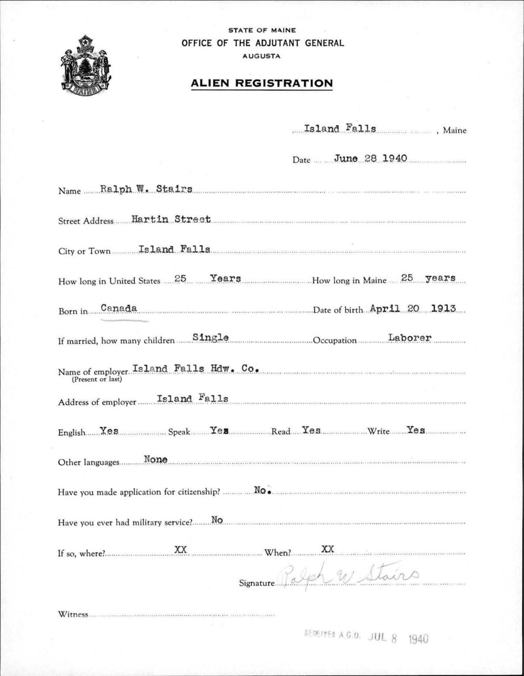 Miniature of Alien Registration- Stairs, Ralph W. (Island Falls, Aroostook County)
