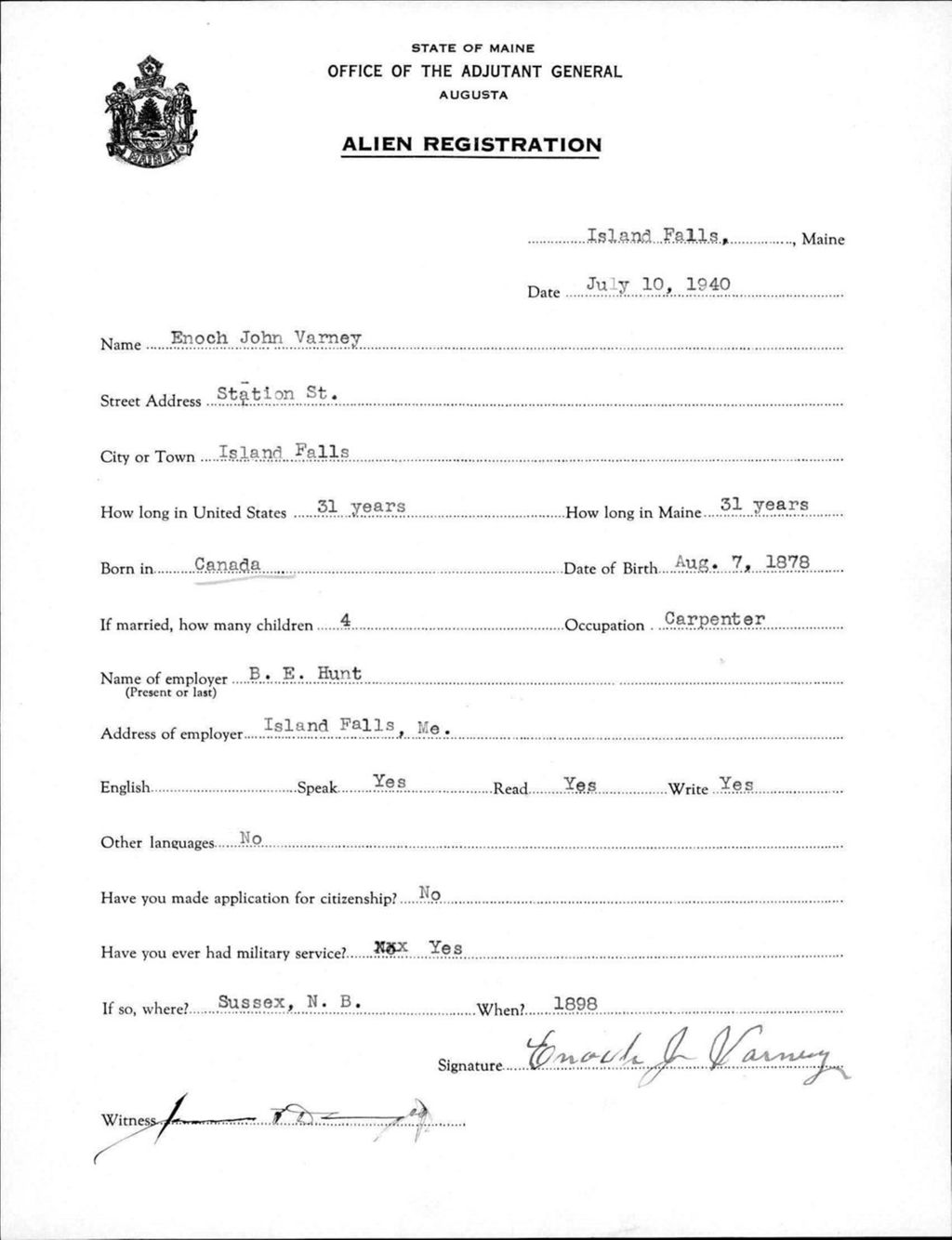 Miniature of Alien Registration- Varney, Enoch J. (Island Falls, Aroostook County)