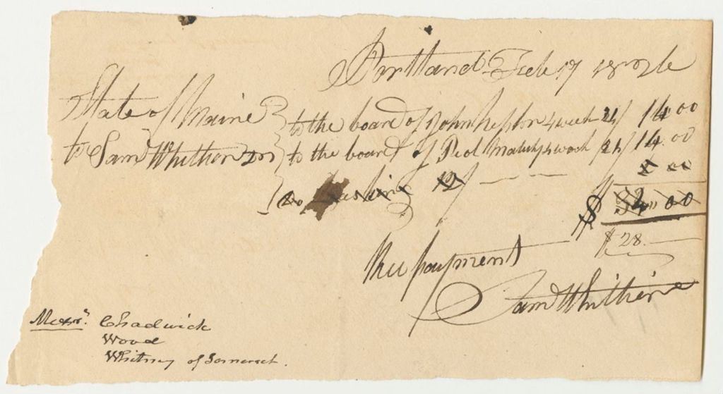Miniature of Receipt for Boarding Two Penobscot Indian Chiefs