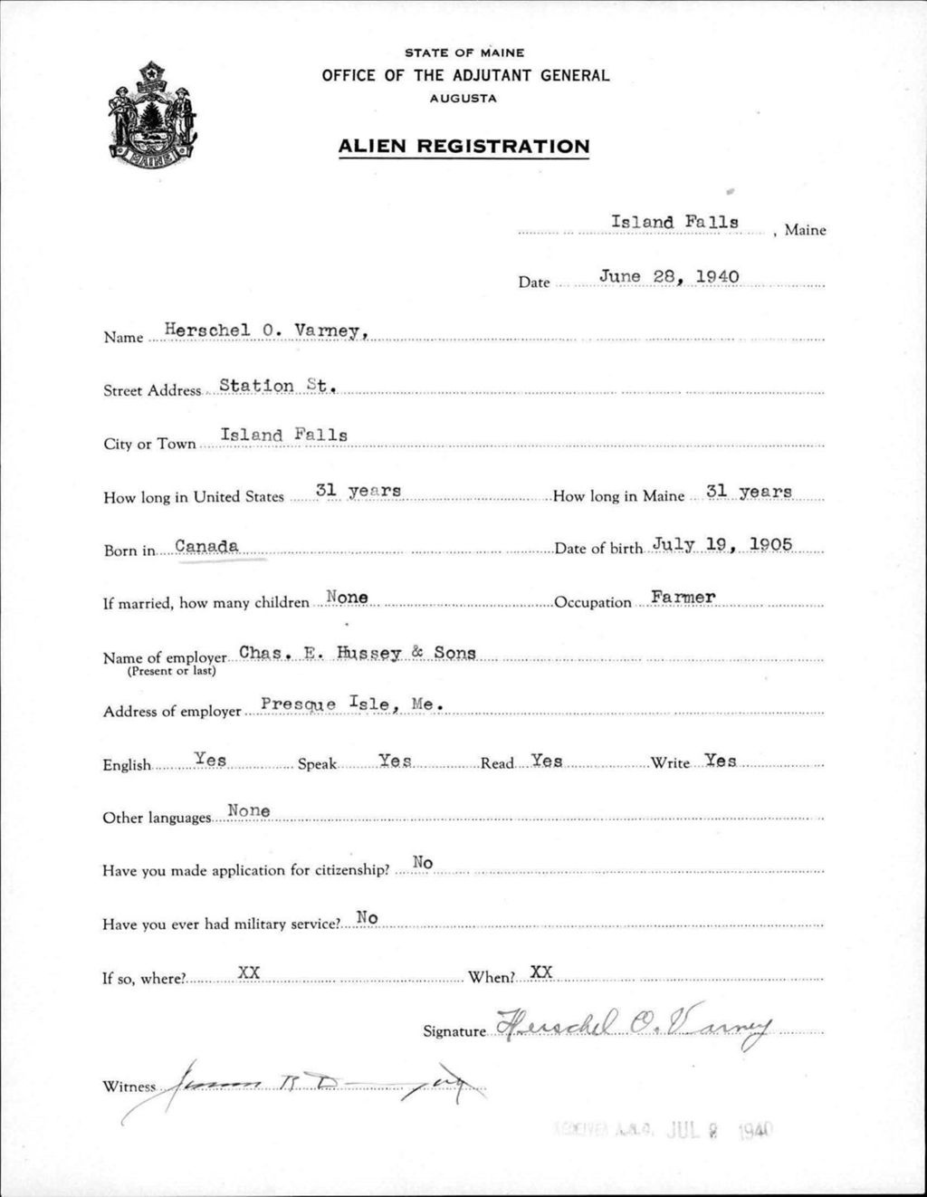 Miniature of Alien Registration- Varney, Herschel O. (Island Falls, Aroostook County)