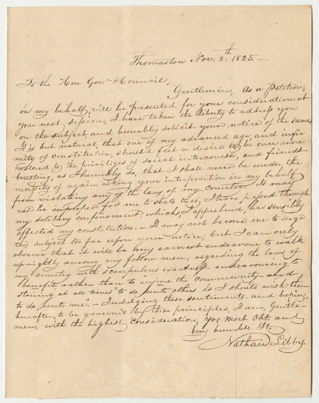 Miniature of Letter from Nathan Libby Regarding His Pardon and Certificate of Warden Daniel Rose as to the Conduct of Nathan Libby in State Prison