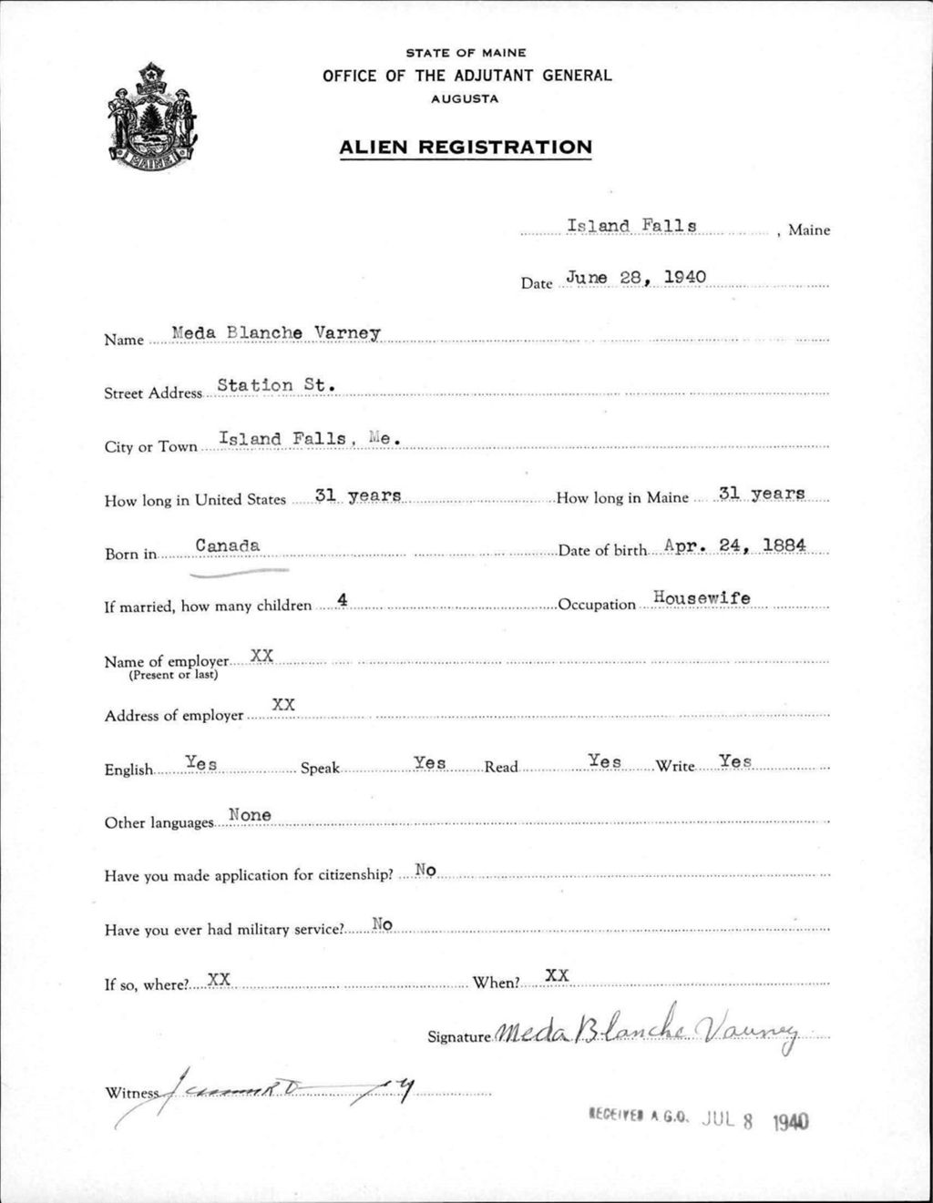 Miniature of Alien Registration- Varney, Meda B. (Island Falls, Aroostook County)
