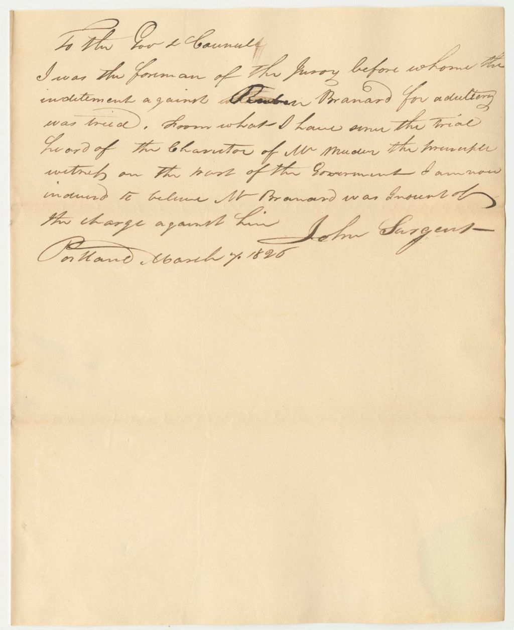 Miniature of Note from John Sargent, Foreman of the Jury in the Trial Against Reuben Branard