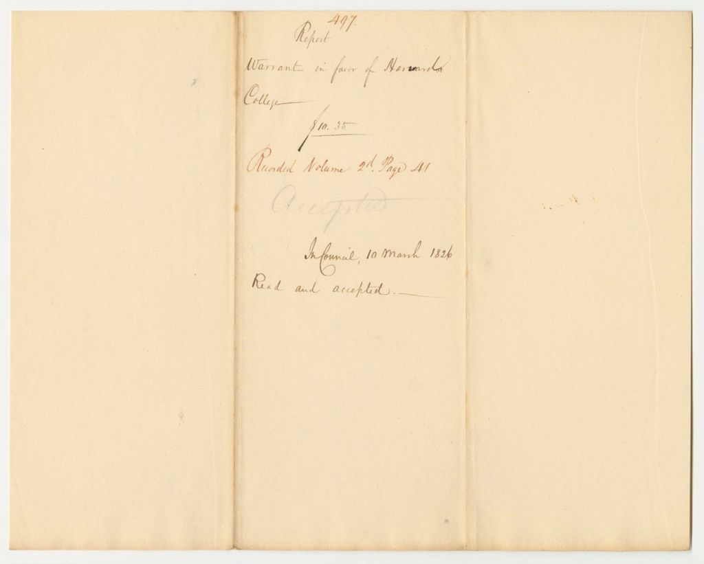 Miniature of Report 497: Report on the Warrant in Favor of Harvard College for a Refund of State Tax