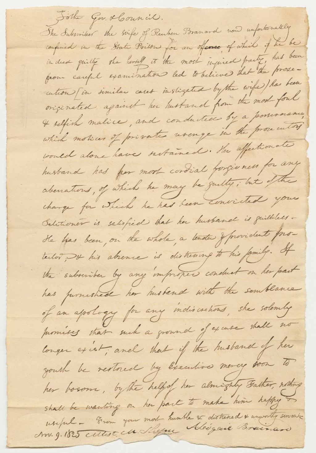Miniature of Letter from Abigail Branard Regarding the Petition for the Pardon of Reuben Branard