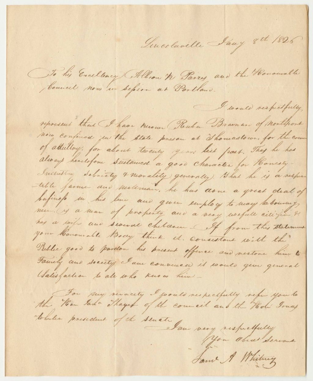 Miniature of Letter from Samuel A. Whitney Regarding the Petition for the Pardon of Reuben Branard