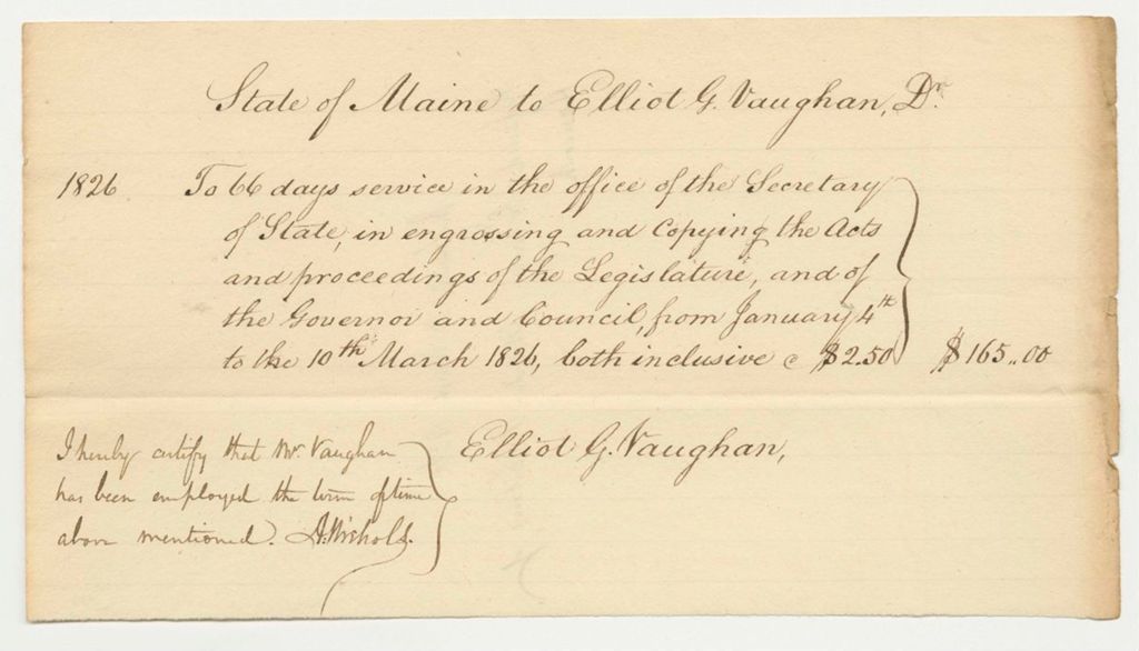 Miniature of Elliot G. Vaughan Bill for Services as a Clerk in the Office of the Secretary of State