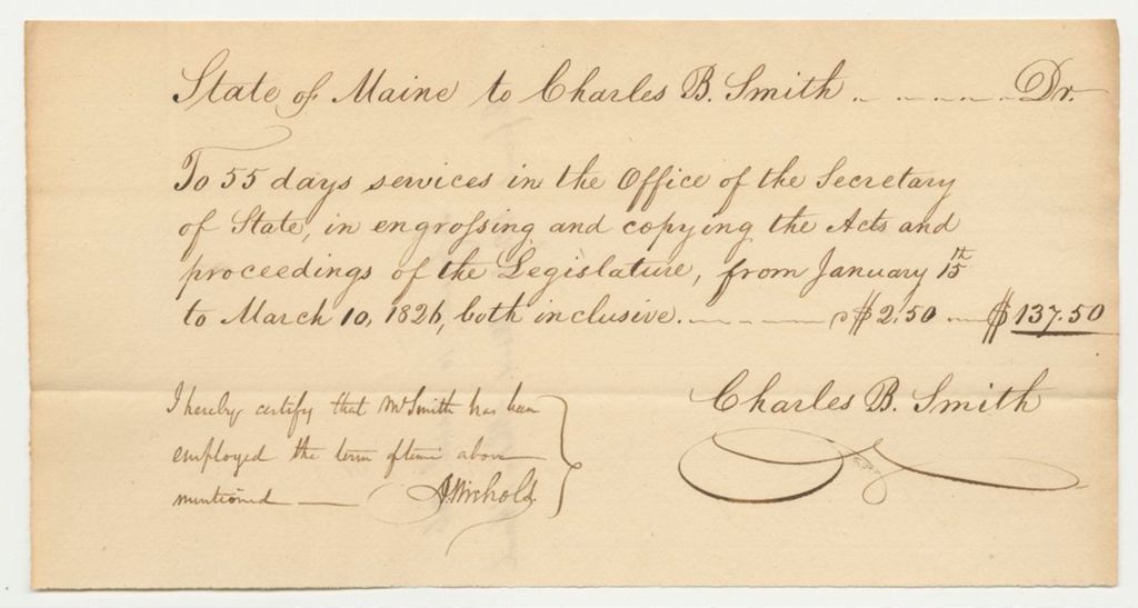 Miniature of Charles B. Smith Bill for Services as a Clerk in the Office of the Secretary of State
