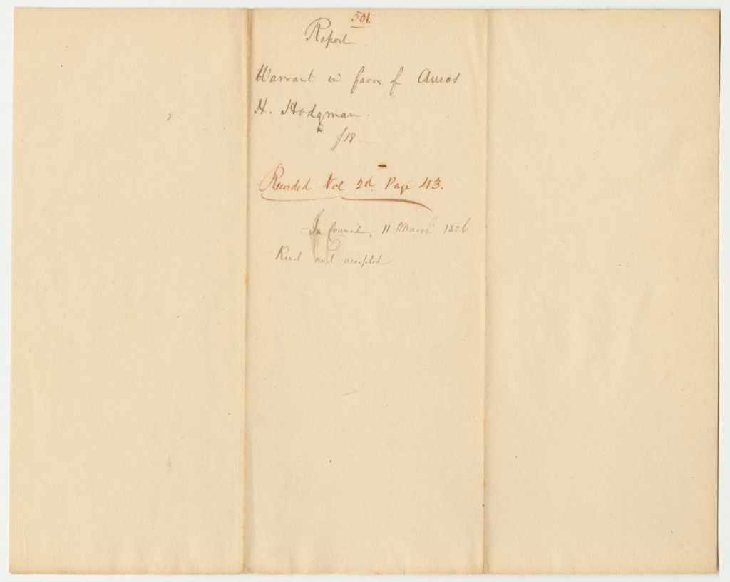 Miniature of Report 501: Report on the Warrant in Favor of Amos H. Hodgman