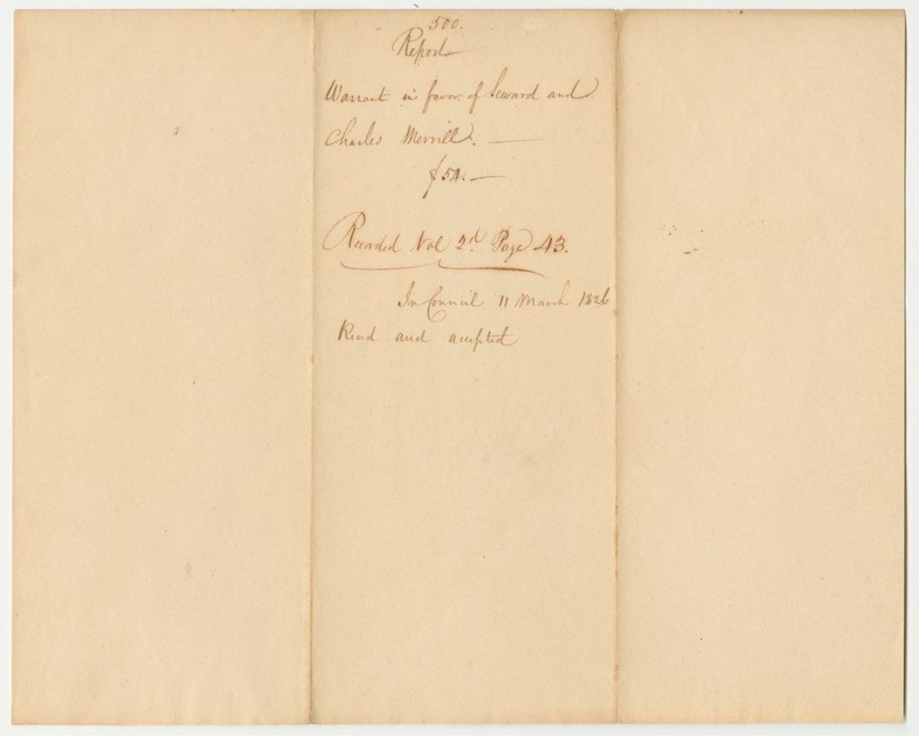 Miniature of Report 500: Report on the Warrant in Favor of Seward and Charles Merrill for Powder Delivered at the Magazine