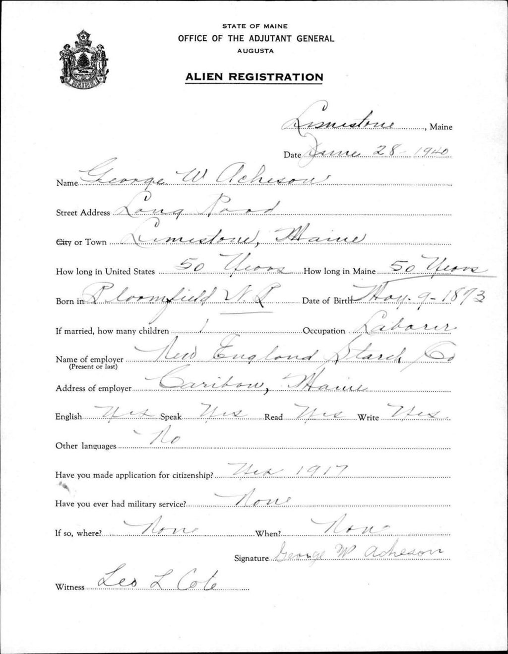 Miniature of Alien Registration- Acheson, George W. (Limestone, Aroostook County)