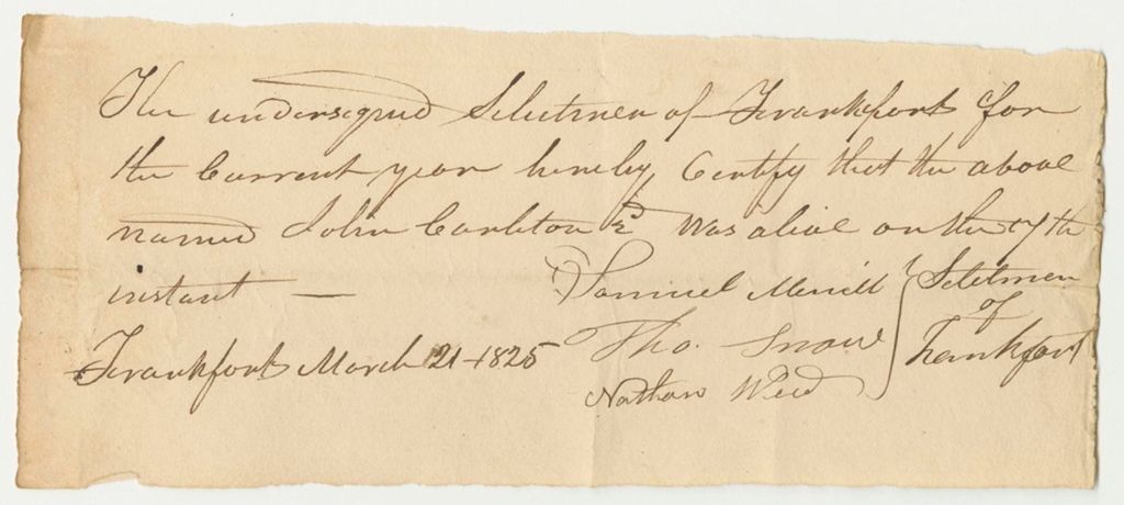 Miniature of Certification of the Selectmen of Frankfort for the Pension of John Careton 2nd