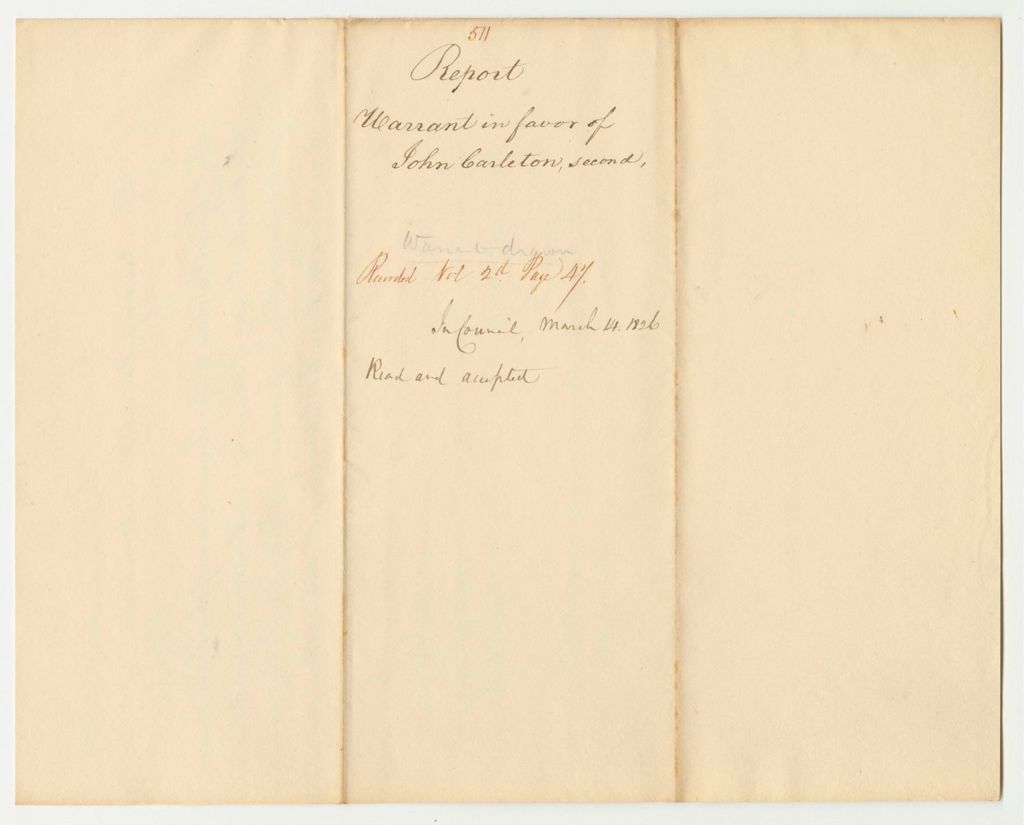Miniature of Report 511: Report on the Warrant in Favor of John Carleton 2nd for a Pension