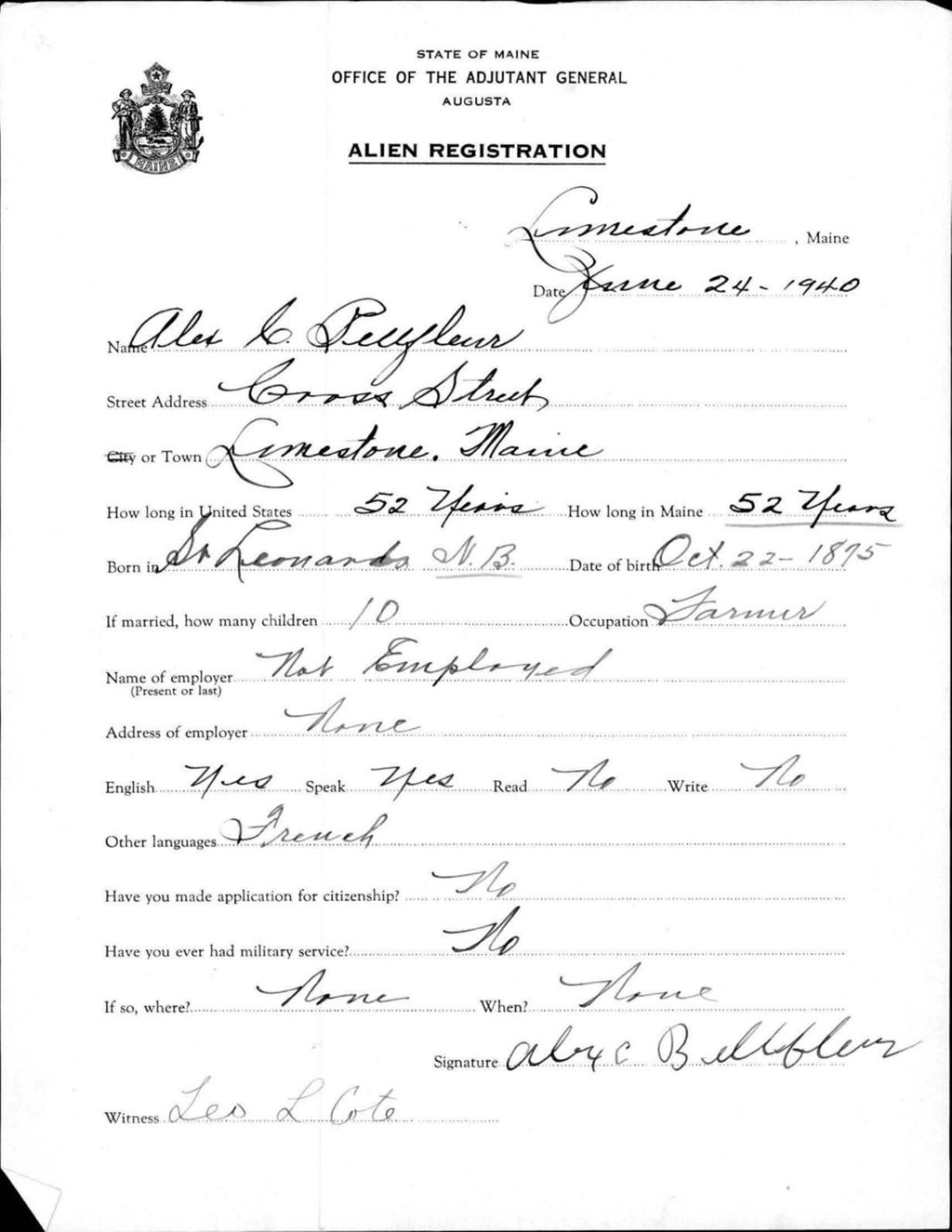 Miniature of Alien Registration- Bellfleur, Alex C. (Limestone, Aroostook County)