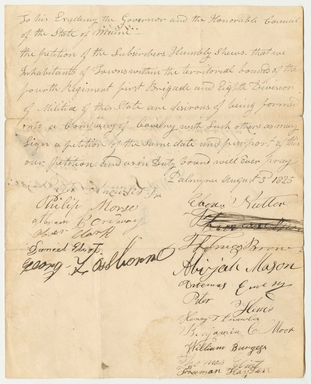 Miniature of Petition of the Inhabitants of the Towns Within the Bounds of the Fourth Regiment First Brigade and Eight Division, for a Company of Cavalry in the 1st Brigade 8th Division