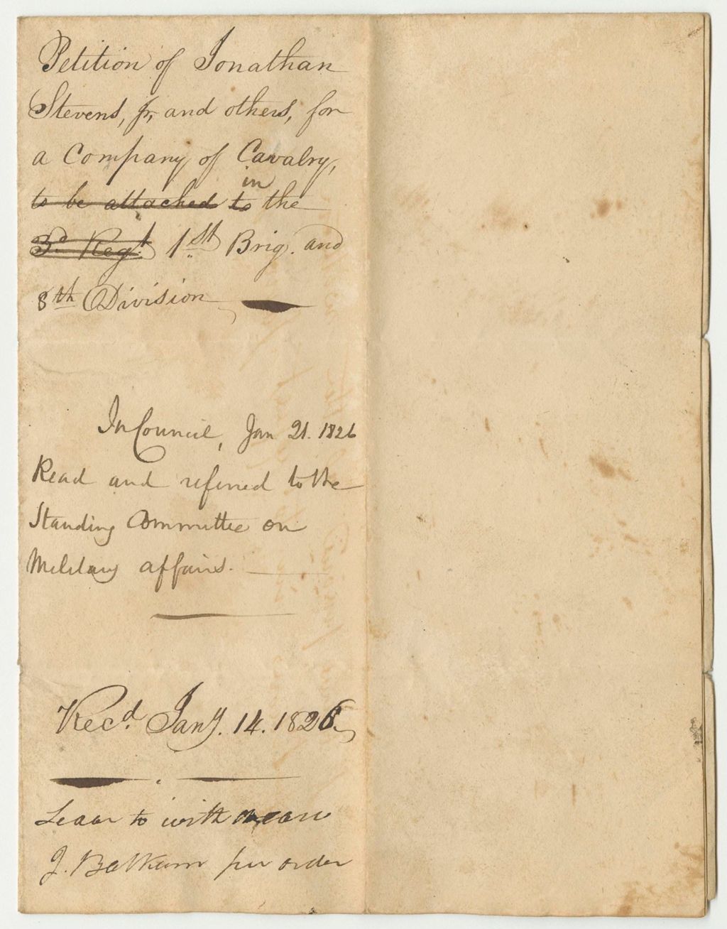 Miniature of Petition of Jonathon Stevens, Jr., and Others, for a Company of Cavalry in the 1st Brigade 8th Division