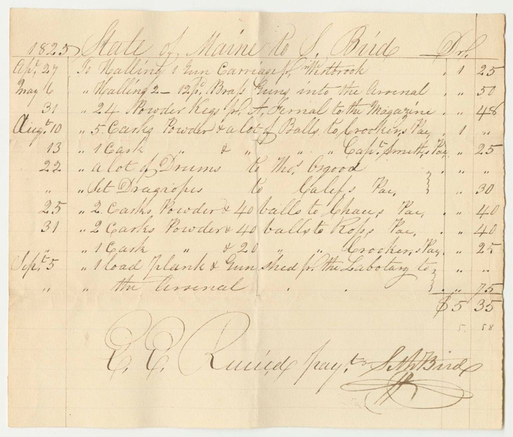 Miniature of Receipts for the Account of Joshua Tolford for Superintending Public Property at the State Arsenal