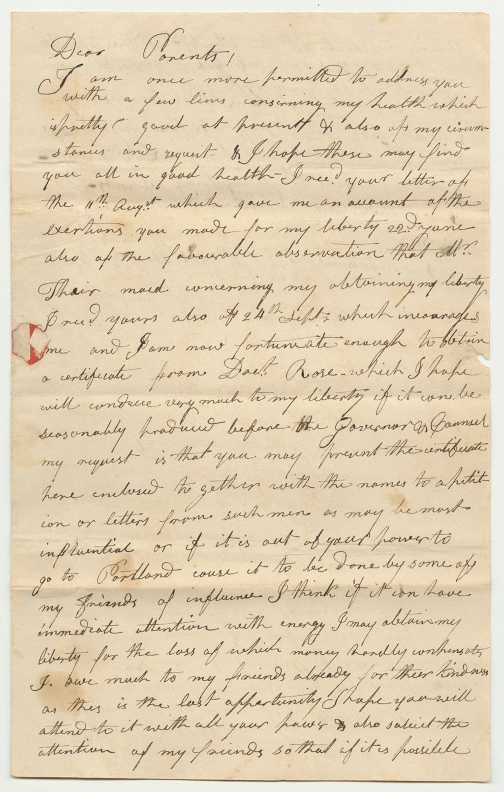 Miniature of Letter from David Brown to His Parents and Certification from Doctor Daniel Rose on David Brown's Conduct in Prison