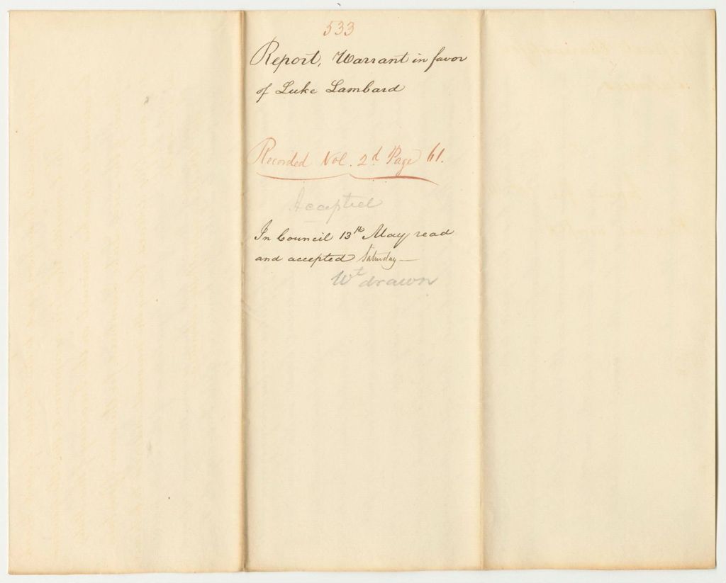 Miniature of Report 533: Report on the Warrant in Favor of Luke Lambard for Remission of a Penalty