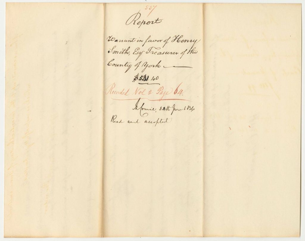 Miniature of Report 537: Report on the Warrant in Favor of Henry Smith, Esq., Treasurer of York County