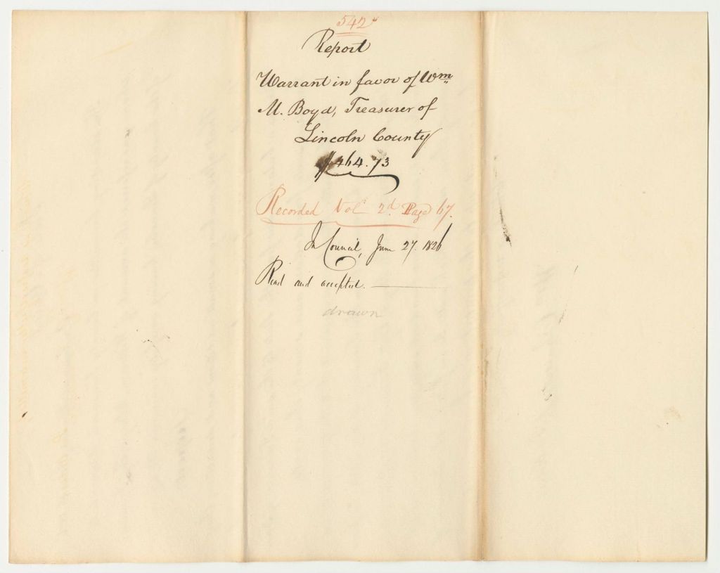 Miniature of Report 542: Report on the Warrant in Favor of William M. Boyd, Treasurer of Lincoln County