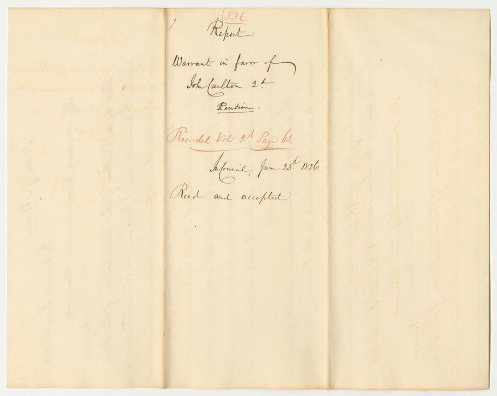 Miniature of Report 536: Report on the Warrant in Favor of John Carleton 2nd for a Pension