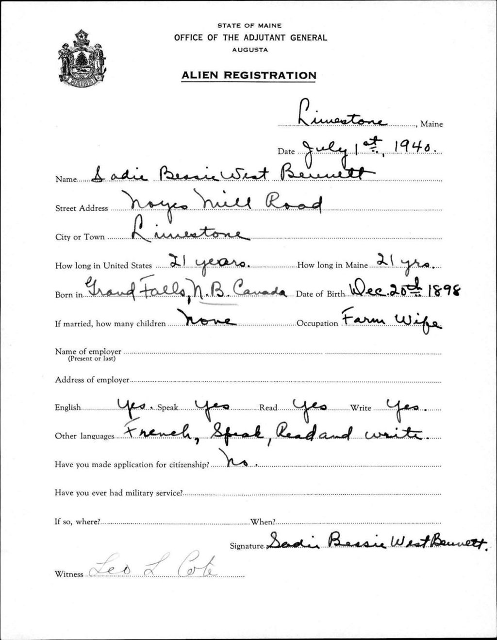 Miniature of Alien Registration- West, Sadie B. (Limestone, Aroostook County)