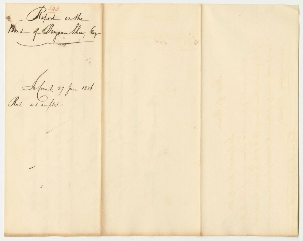 Miniature of Report 543: Report on the Bond of Benjamin Shaw, Esq., Clerk of Hancock County Judicial Court