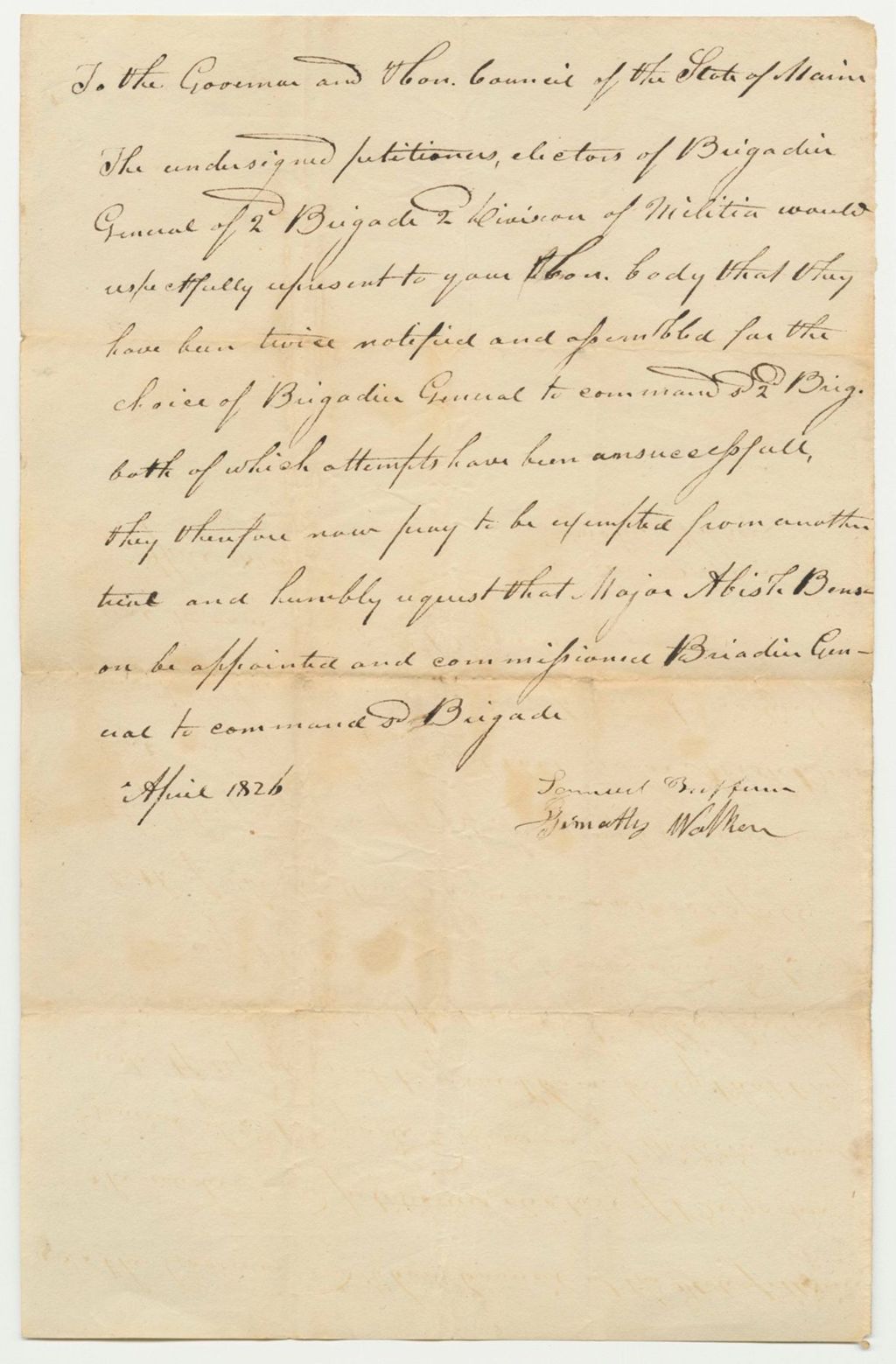 Miniature of Petition of the Electors of Brigadier General of the 2nd Brigade 2nd Division for the Appointment of Major Abisha Benson as Brigadier General