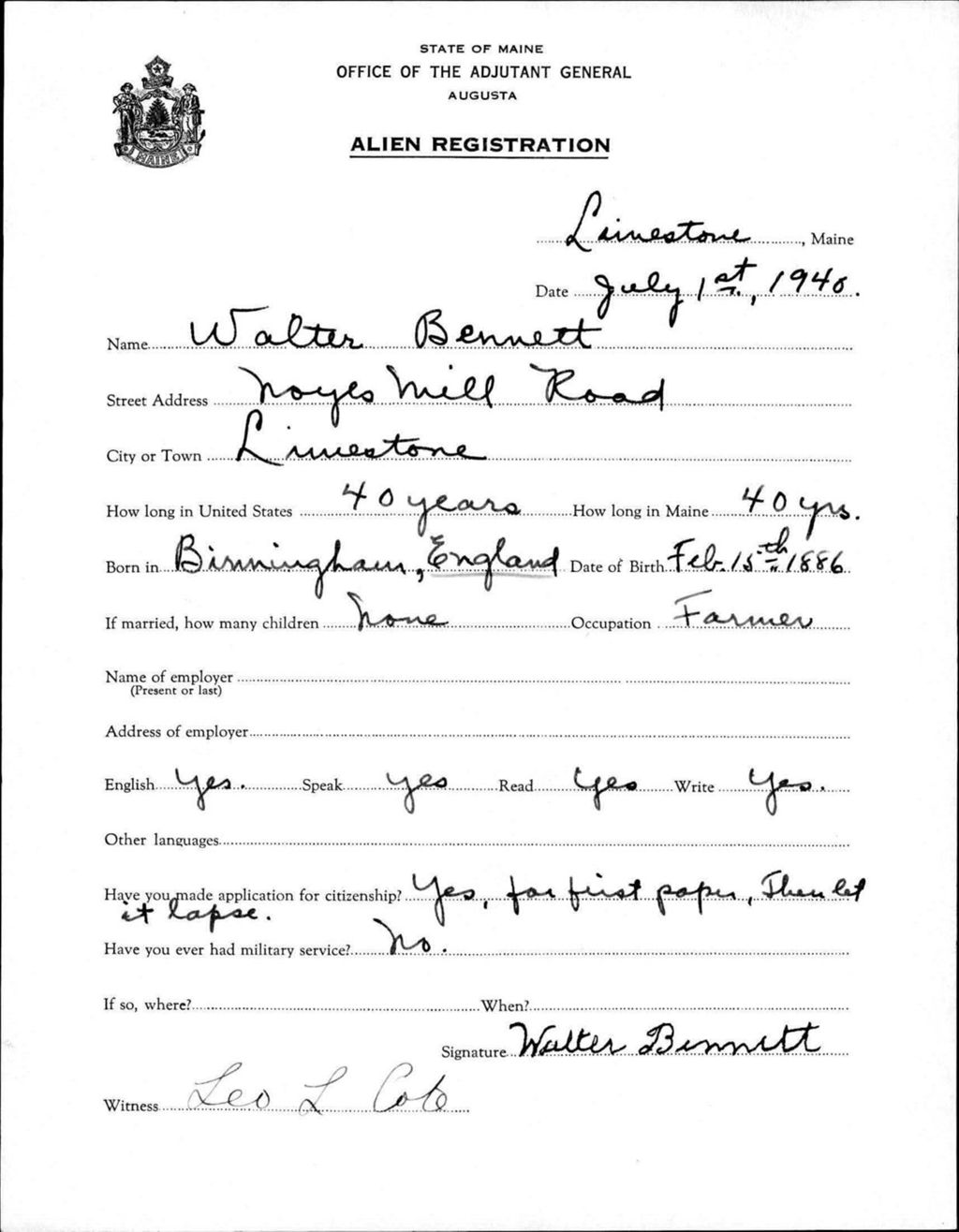 Miniature of Alien Registration- Bennett, Walter (Limestone, Aroostook County)