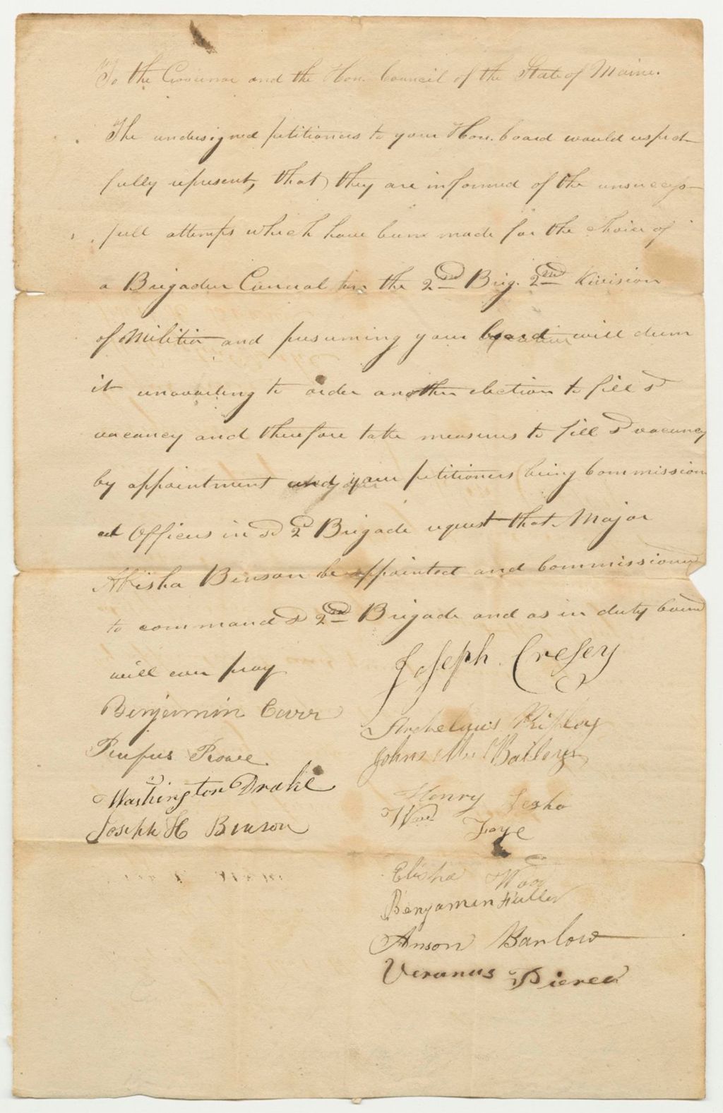 Miniature of Petition for the Appointment of Major Abisha Benson as Brigadier General of the 2nd Brigade 2nd Division