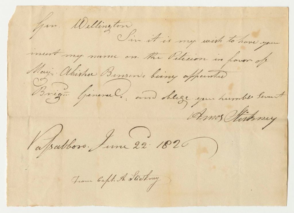 Miniature of Note from Amos Stickney Requesting His Name be Added to the Petition in Favor of the Appointment of Major Abisha Benson as Brigadier General