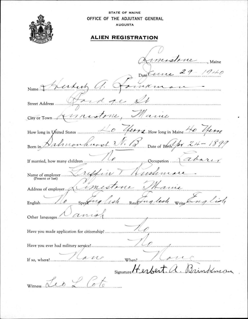 Miniature of Alien Registration- Brinkman, Herbert A. (Limestone, Aroostook County)