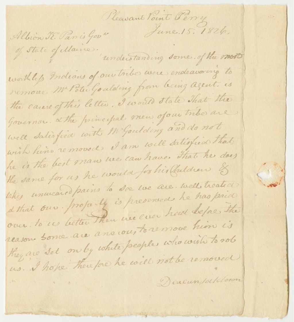 Miniature of Letter from Deacon Sockbason to Governor Parris Regarding the Petition for the Removal of Peter Goulding as Agent