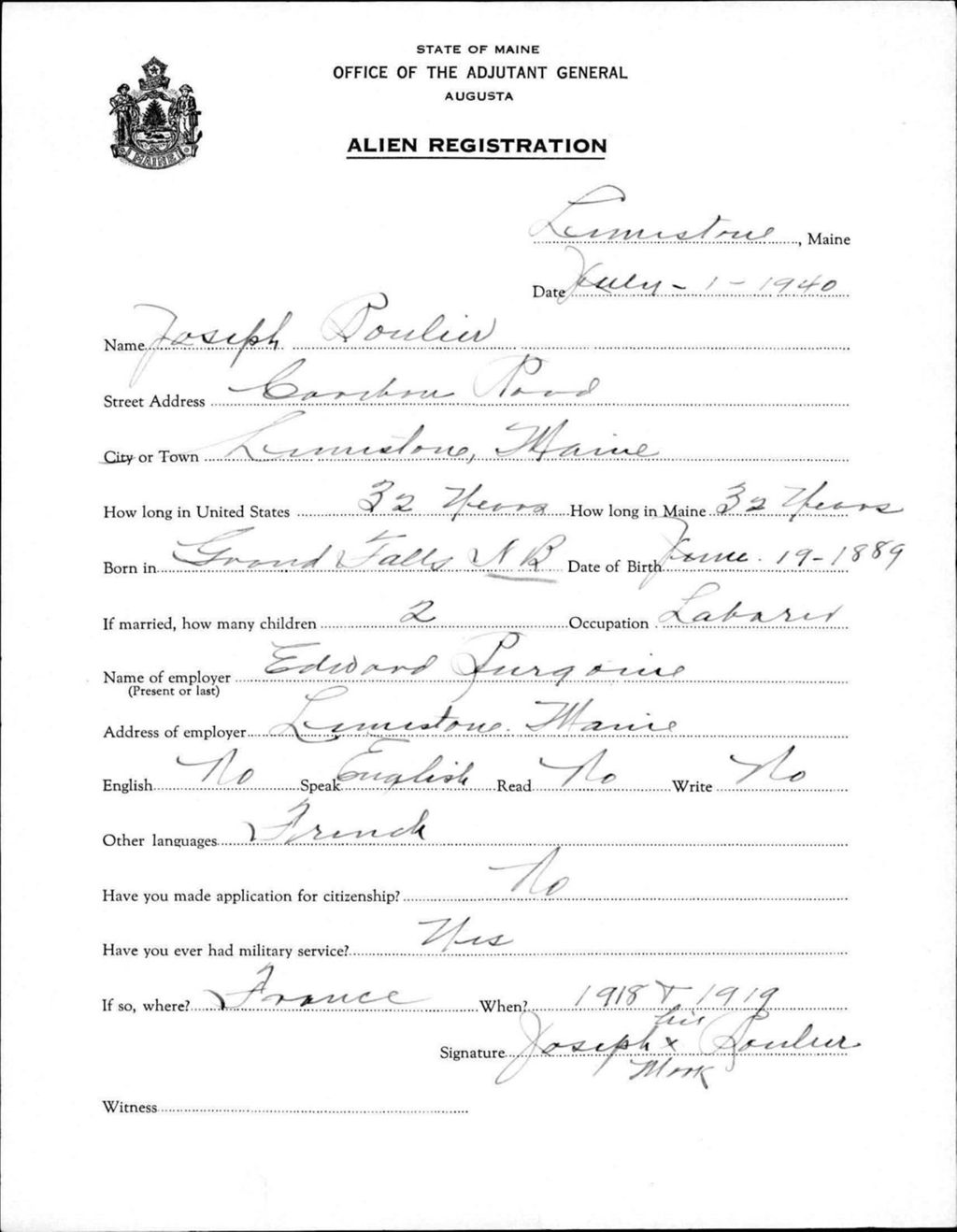 Miniature of Alien Registration- Boulieu, Joseph (Limestone, Aroostook County)