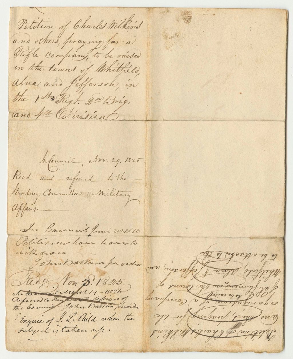 Miniature of Petition of Charles Wilkins and Others, Praying for a Rifle Company to be Raised in the Towns of Whitfield, Alna, and Jefferson in the 1st Reg. 2nd Brig. and 4th Div.