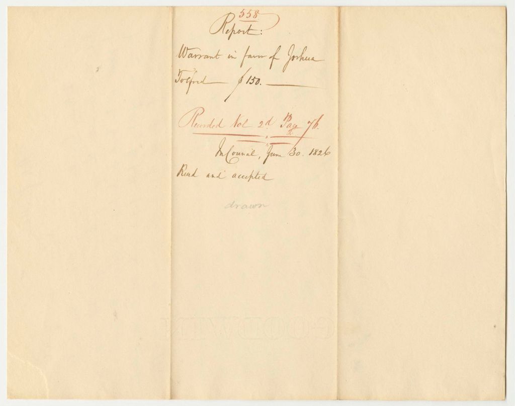 Miniature of Report 558: Report on the Warrant in Favor of Joshua Tolford for Preserving the Public Property in the State Arsenal