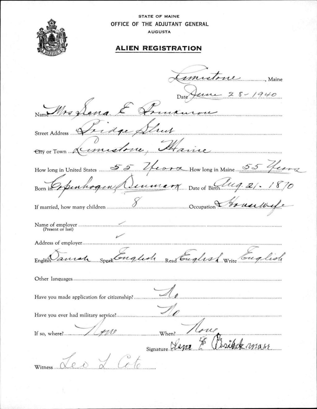 Miniature of Alien Registration- Brinkman, Lena E. (Limestone, Aroostook County)