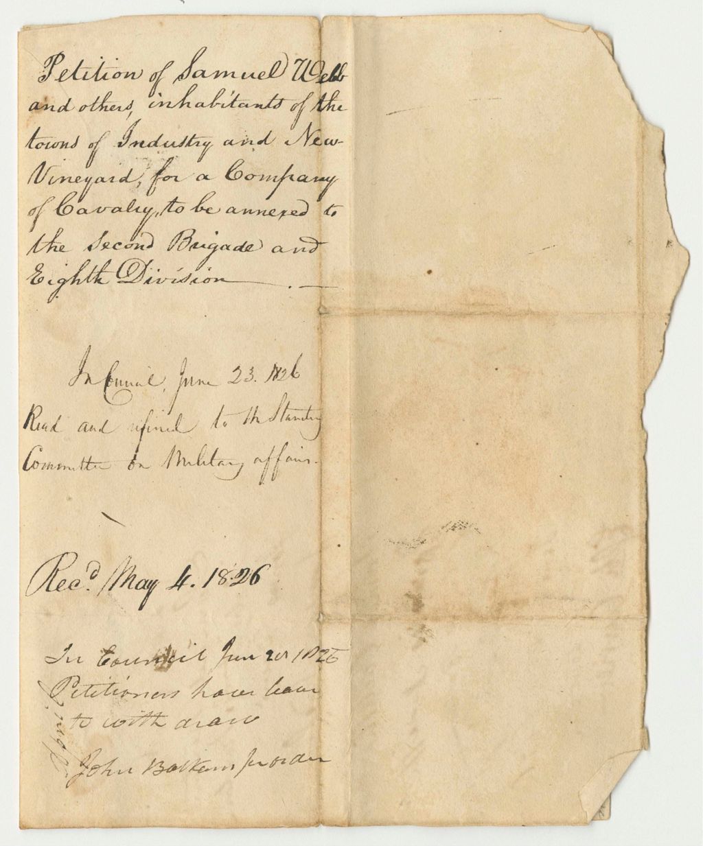 Miniature of Petition of Samuel Webb and Others, Inhabitants of the Towns of Industry and New Vineyard for a Company of Cavalry to be Annexed to the Second Brigade Eighth Division