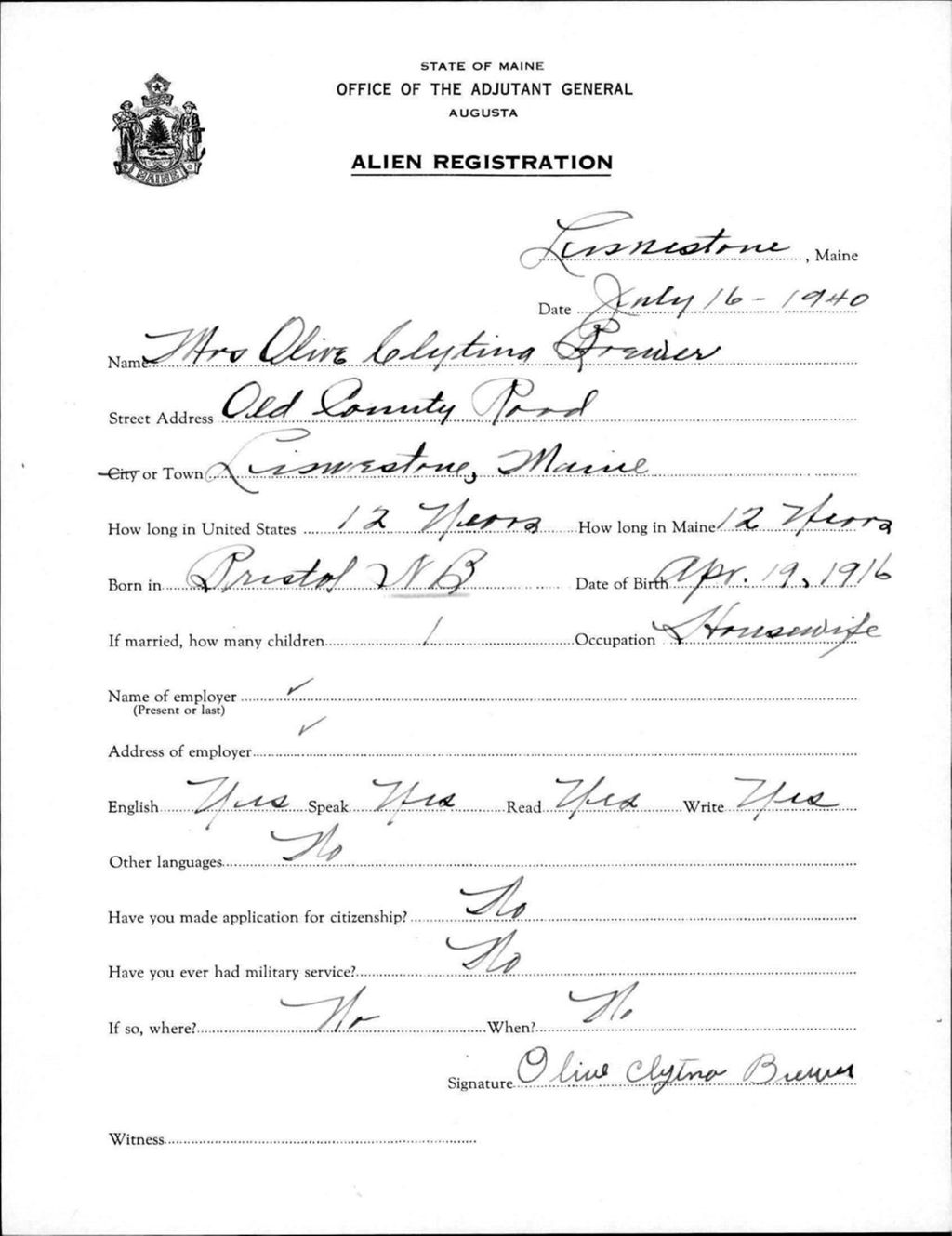 Miniature of Alien Registration- Brewer, Olive C. (Limestone, Aroostook County)
